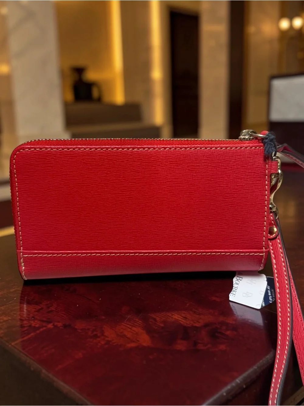 NWT Dooney & Bourke Red Saffiano Zip Leather Wristlet with Gold Logo